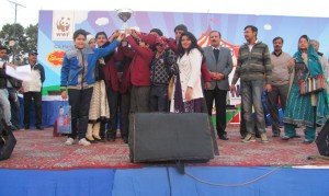 The students receiving trophy for being 2nd in the overall presentation on the occasion of the WWF Nature Carnival 2014.